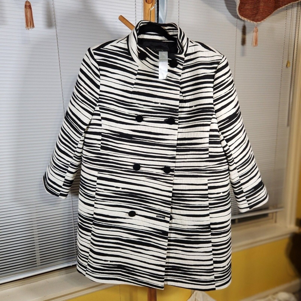 NEW Ann Taylor XLP $250 Black White Zebra Animal Print Double Breasted Peacoat - Picture 5 of 10